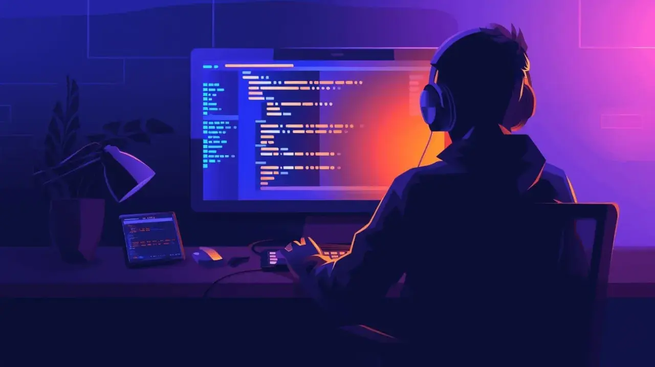 Programista w słuchawkach tworzy kod w **bun js** przy neonowym blasku monitora.