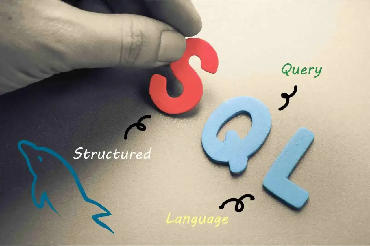 Litery S, Q, L tworzą napis SQL. Obok delfin i napisy "Structured", "Query", "Language". To jest właśnie SQL co to.