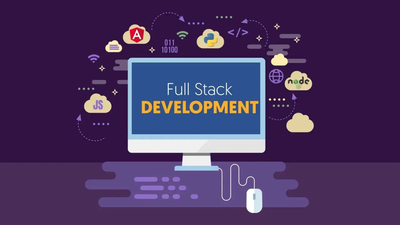 Grafika ilustruje, czym jest full stack developer, pokazując ikony technologii jak JS, Python, Node.js i Angular.