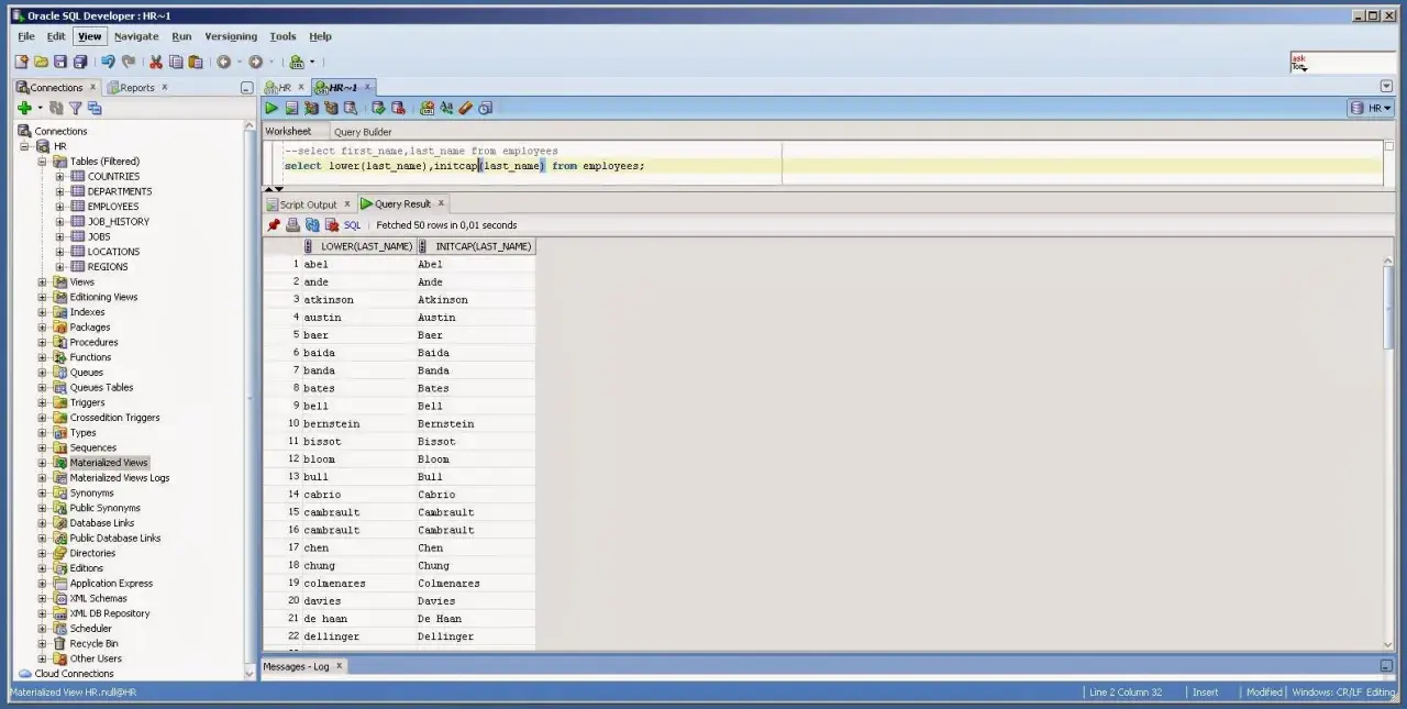 Widok Oracle SQL Developer z zapytaniem SQL pobierającym nazwiska pracowników.