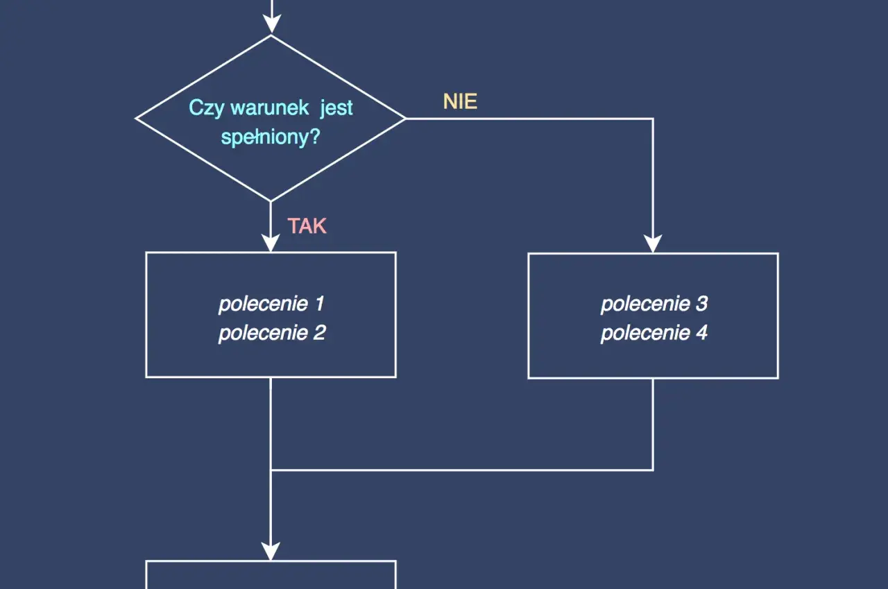 Schemat blokowy: pytanie "Czy warunek jest spełniony?", rozgałęzienie na "TAK" (polecenie 1, 2) i "NIE" (polecenie 3, 4). To prosty value object.