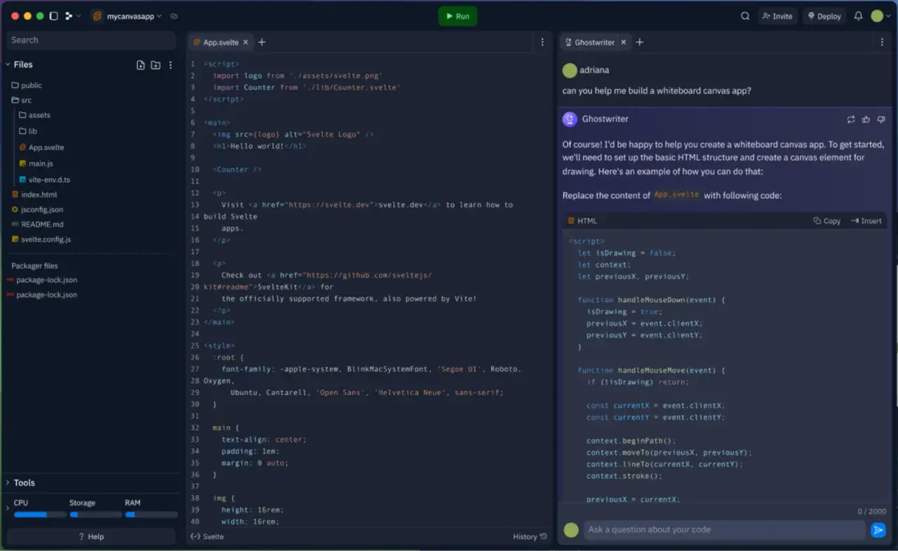 Edytor kodu Svelte z podświetlonym kodem JavaScript i podpowiedzią AI do tworzenia aplikacji.