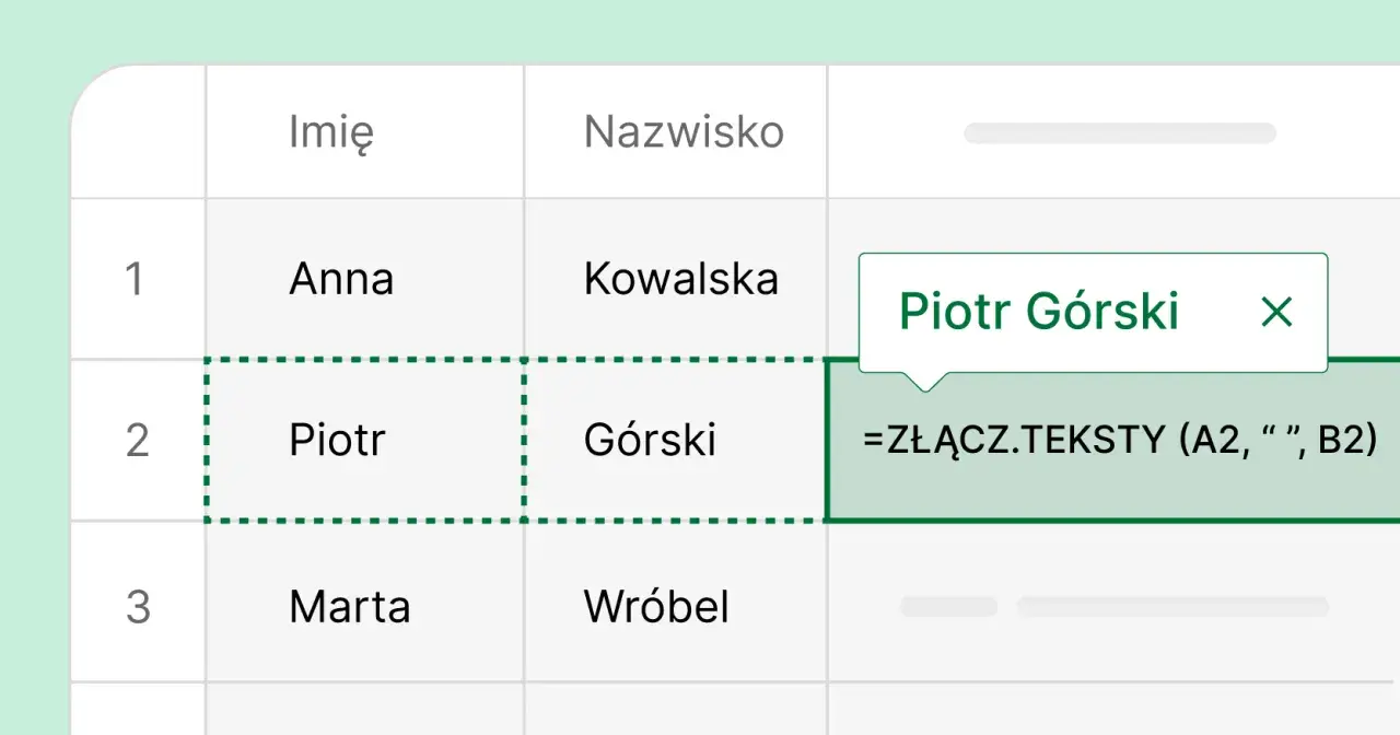 Wiersz w Excelu z imieniem i nazwiskiem "Piotr Górski". Formuła łączy dane z komórek A2 i B2.
