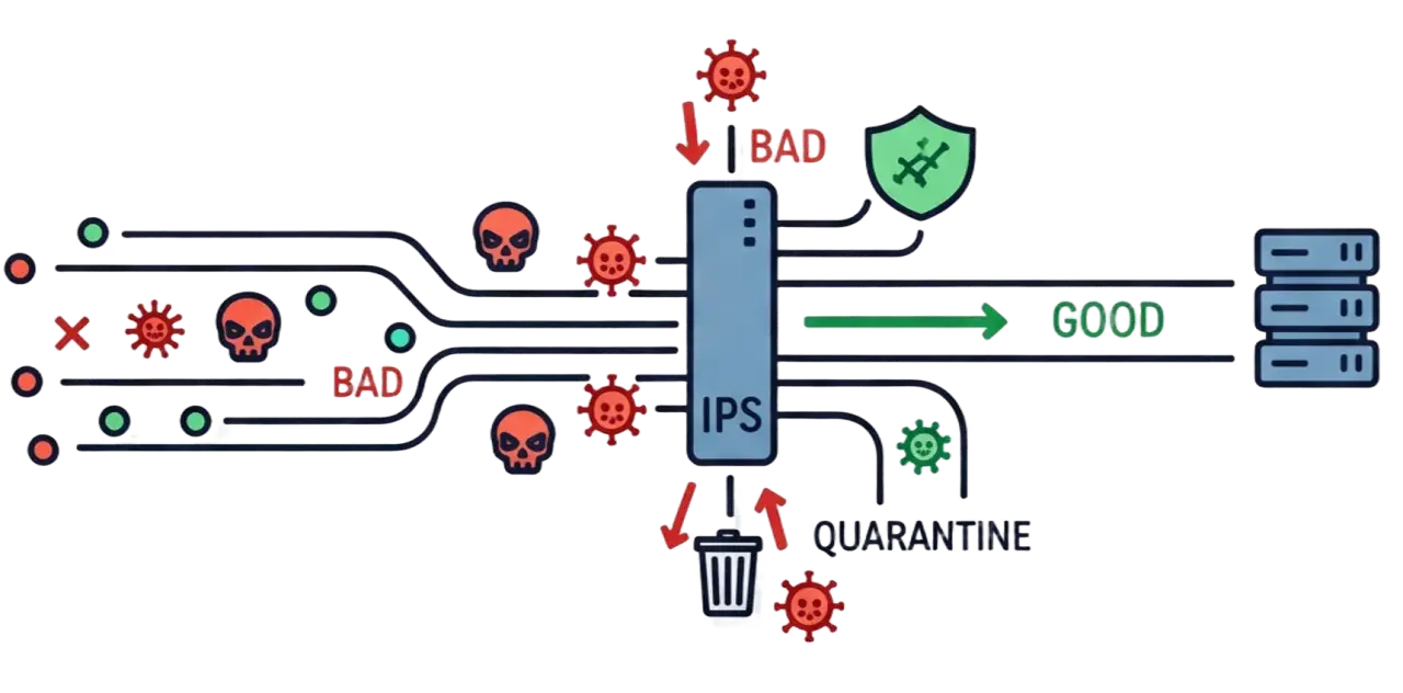 System IPS chroni przed zagrożeniami (czaszki, wirusy). Złe dane są blokowane, dobre przepuszczane do serwera. To właśnie robią systemy IDS.
