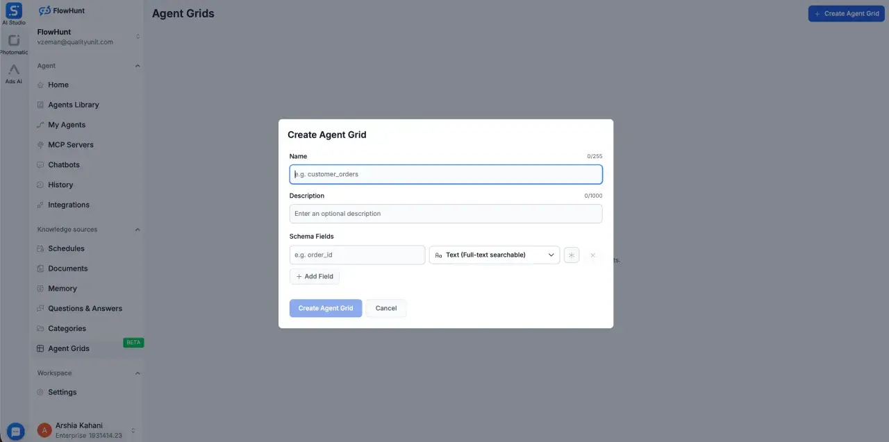 Tworzenie Agent Grid, gdzie można zdefiniować pola schematu, np. `order_id`, dla integracji z api gateway.