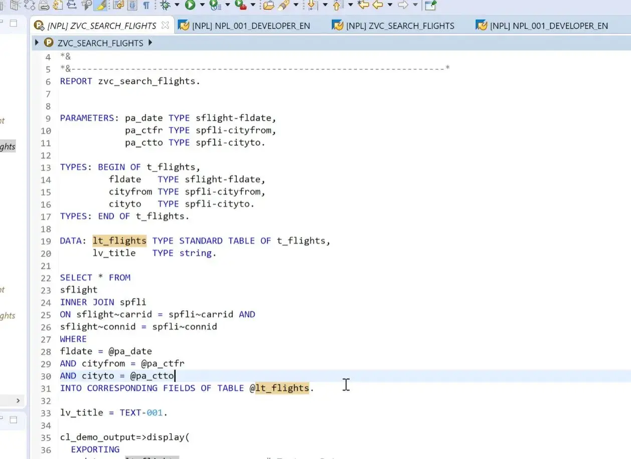 Kod ABAP SAP do wyszukiwania lotów, z parametrami daty, miasta wylotu i przylotu, zapisujący wyniki do tabeli lt_flights.