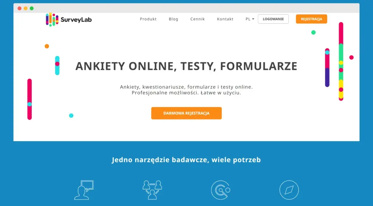 Strona SurveyLab oferuje narzędzia do tworzenia ankiet online. Umożliwia analizę ankiety i tworzenie formularzy.