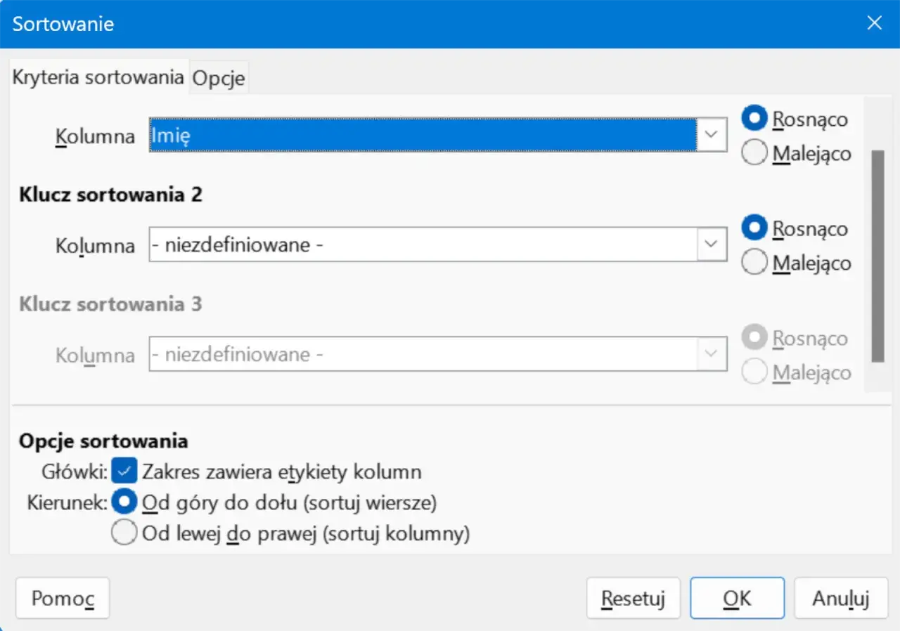 Okno sortowania. Pierwszy klucz sortowania to kolumna "Imię" rosnąco. Kolejne klucze są niezdefiniowane.