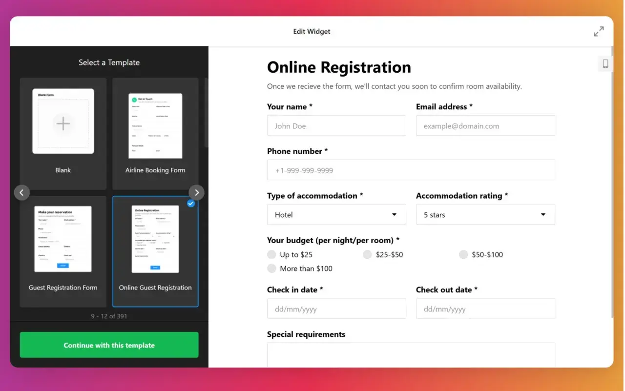 Szablon formularza HTML "Online Registration" do rezerwacji hotelu, z polami na dane osobowe, preferencje i daty pobytu.