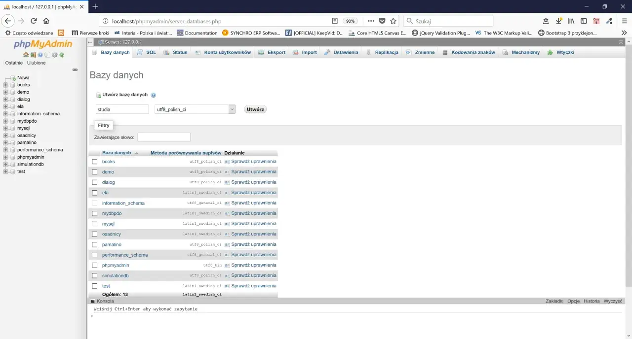 Widok phpMyAdmin z listą baz danych. Widać kolumny "Baza danych", "Metoda porównywania napisów" i "Działanie". Wpisano "studia" i wybrano "utf8_polish_ci", co sugeruje normalizacja danych.