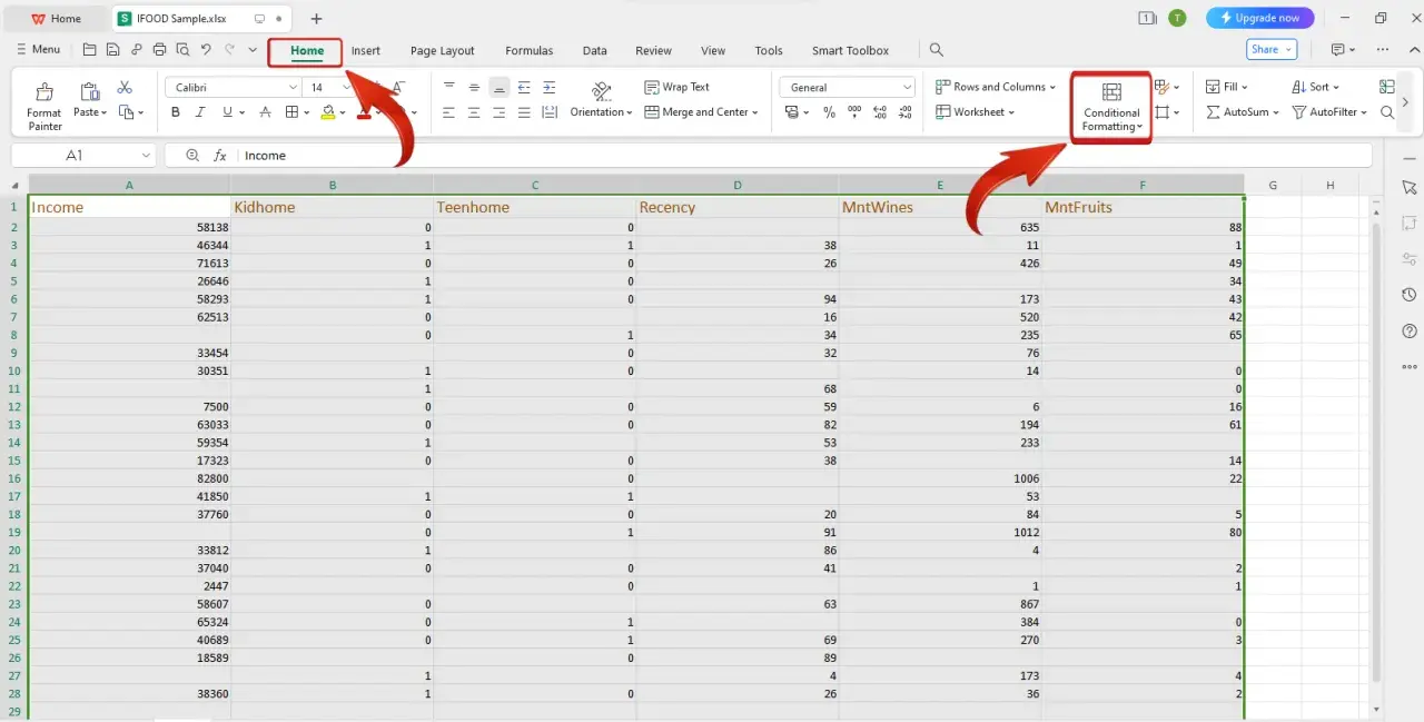 Excel: podświetlenie komórki jeżeli dane spełniają kryteria. Widok arkusza z zaznaczoną opcją "Conditional Formatting".