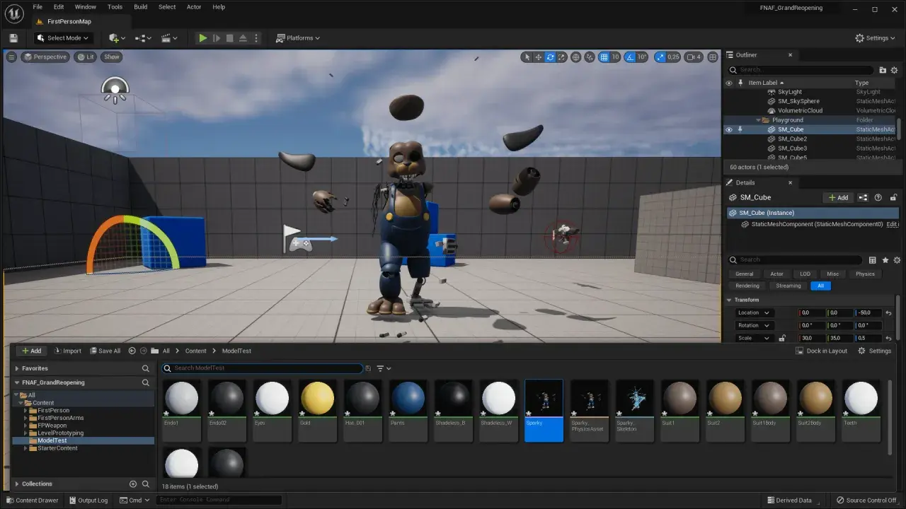 W edytorze Unreal Engine, widzimy postać z gry FNaF w stanie rozkładu, unoszącą się w przestrzeni roboczej. To pokazuje, co to jest Unreal Engine – potężne narzędzie do tworzenia gier.