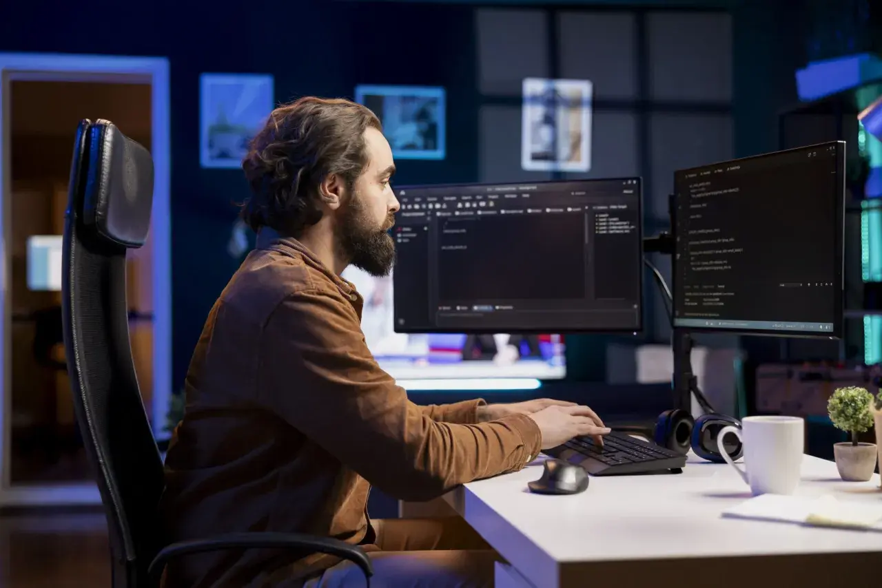 Programista z brodą pracuje nocą przy kodzie w języku wysokiego poziomu.