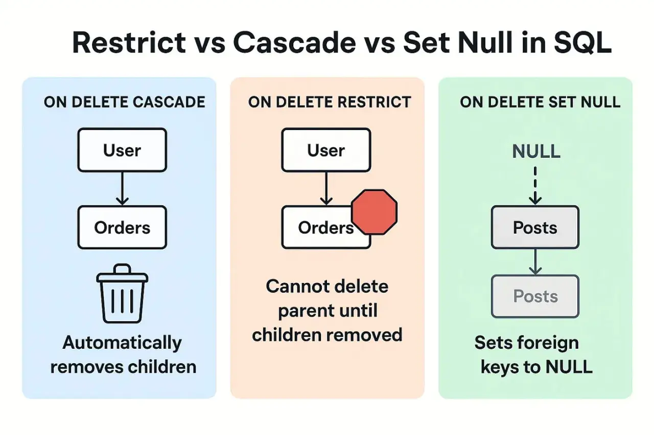 Porównanie Restrict, Cascade i Set Null w SQL. ON DELETE CASCADE automatycznie usuwa powiązane rekordy.