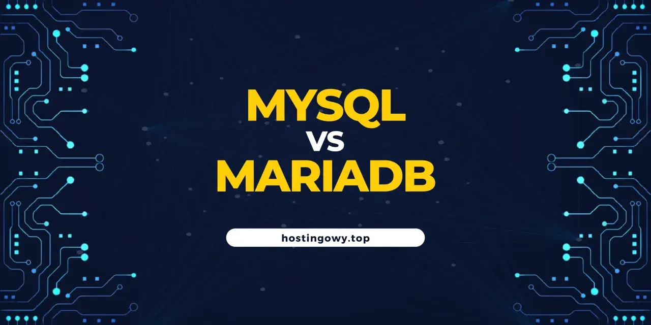 Porównanie baz danych: MySQL vs MariaDB. Grafika z elementami obwodów drukowanych i siecią.