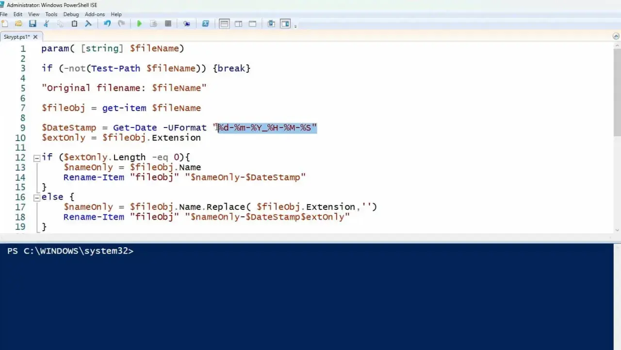 Fragment kodu PowerShell z kursu, który dodaje datę do nazwy pliku.