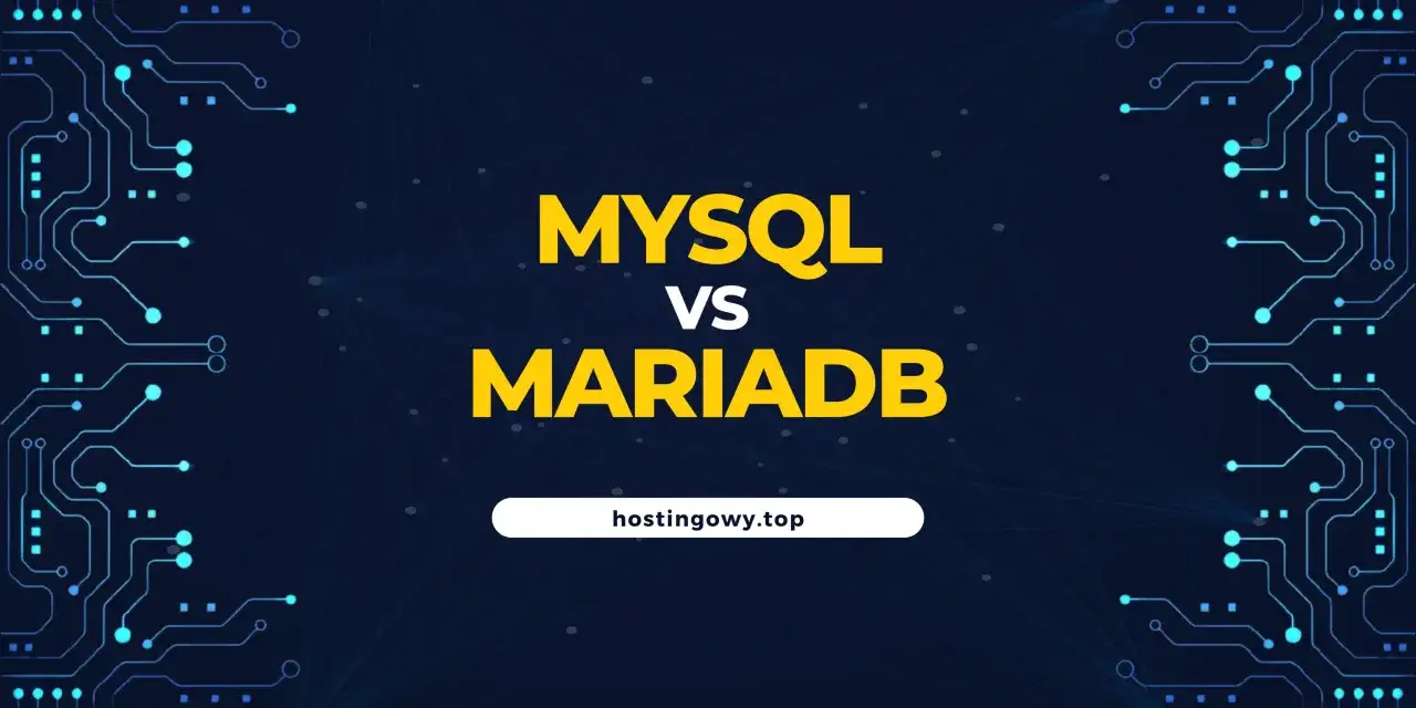 Porównanie baz danych: MySQL vs MariaDB. Grafika z elementami obwodów drukowanych i siecią.