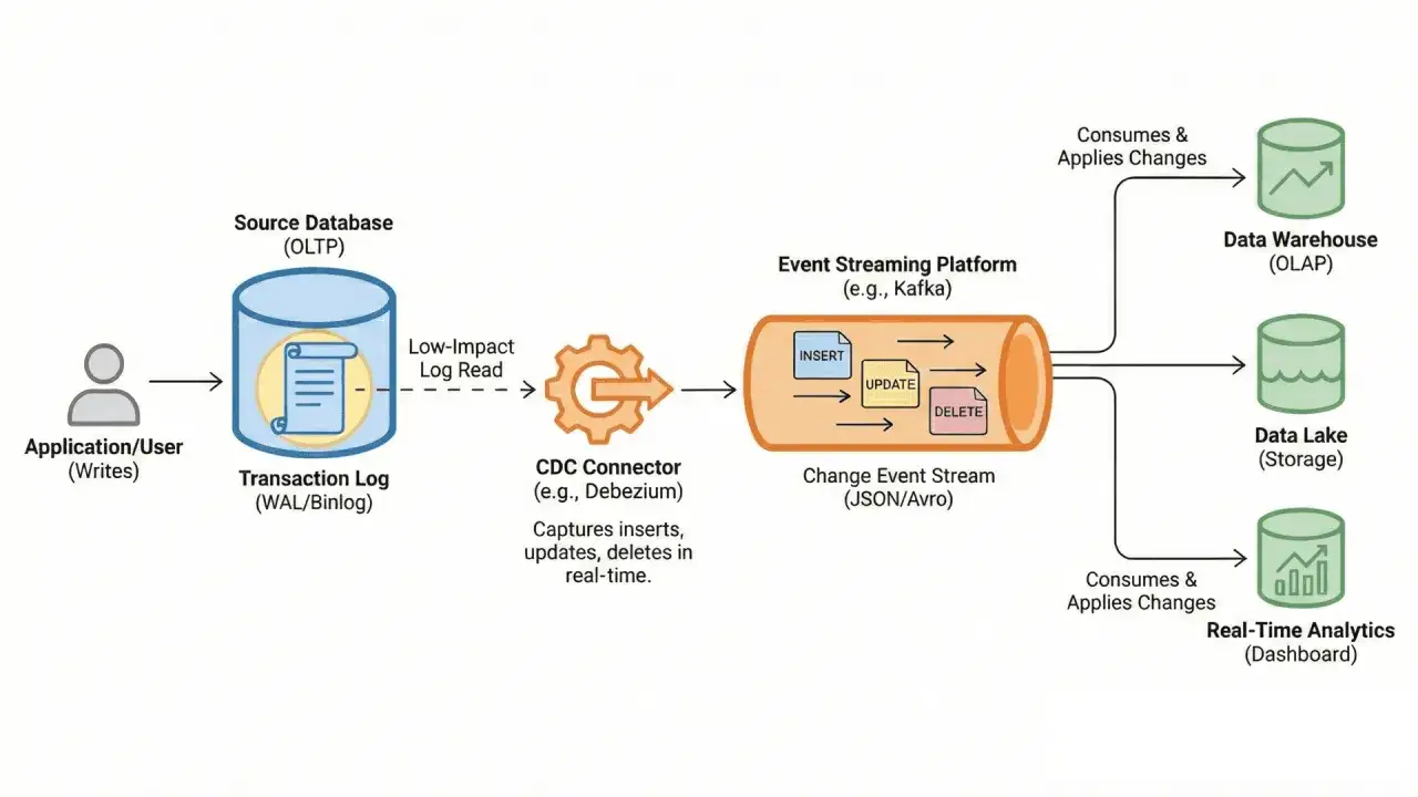 Schemat pokazuje, jak CDC Connector (np. Debezium) przechwytuje zmiany (INSERT, UPDATE, DELETE) z logu transakcyjnego bazy danych (OLTP) i przesyła je do platformy strumieniowania zdarzeń (np. Kafka), co pozwala na analizę w czasie rzeczywistym.