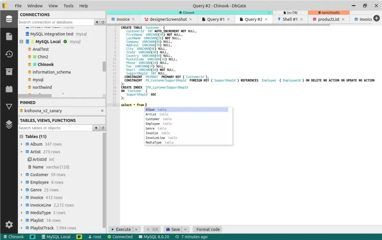 Program do SQL: wybieranie tabeli z listy w oknie zapytania.