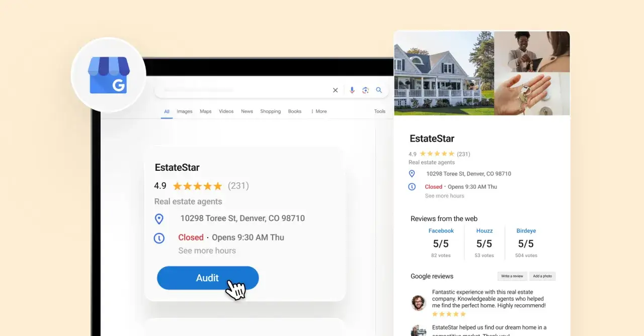 Test mobile friendly: widok profilu firmy EstateStar w Google, z przyciskiem 