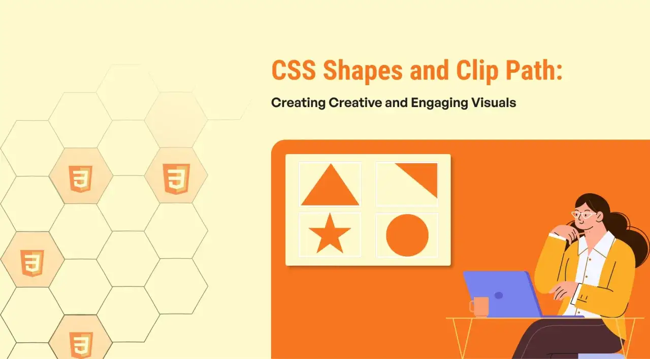 Kobieta pracuje przy laptopie, obok widoczne kształty: trójkąt, gwiazda, koło. Temat: CSS Shapes and Clip Path.