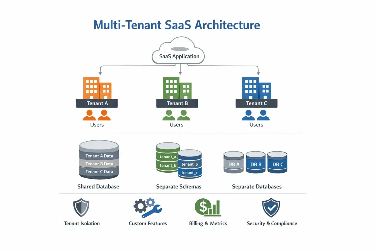 Architektura multi-tenant SaaS: aplikacja chmurowa obsługuje wielu najemc&oacute;w (Tenant A, B, C) z r&oacute;żnymi opcjami baz danych.