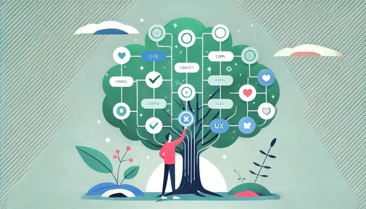 Drzewo z ikonami i tekstem, symbolizujące proces tree testing. Człowiek dotyka ikony z krzyżykiem.