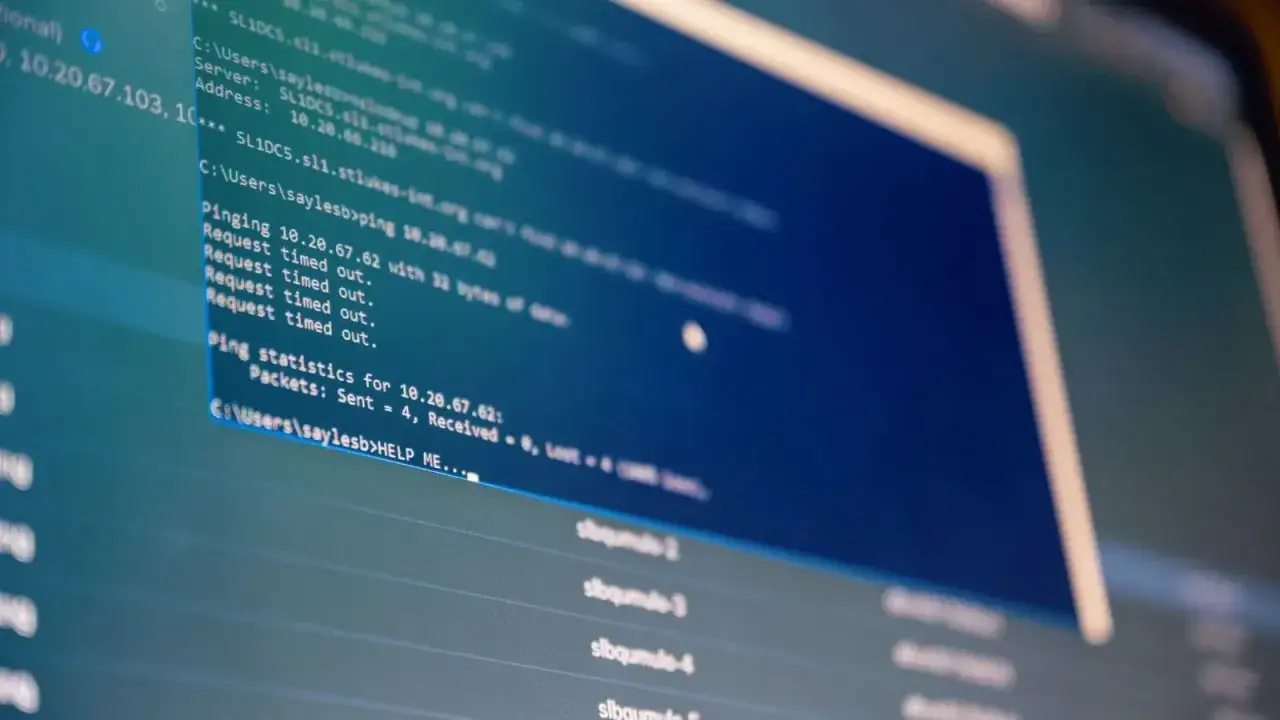 Na ekranie komputera widać fragment kodu i komunikaty o błędach pingowania. Optymalizacja zapytań SQL może pomóc rozwiązać problemy z wydajnością.