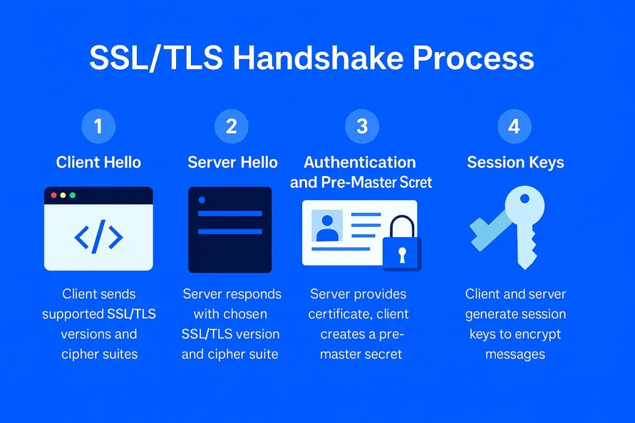 Diagram procesu uzgadniania SSL/TLS: klient wysyła propozycje, serwer odpowiada, uwierzytelnianie i klucze sesji. Nieprawidłowo skonfigurowany serwer zdalny może przerwać ten proces.