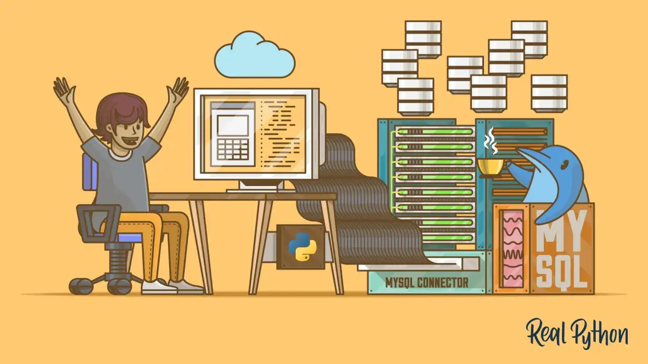 Programista cieszy się z sukcesu w tworzeniu aplikacji CRUD. W tle serwery i logo MySQL.