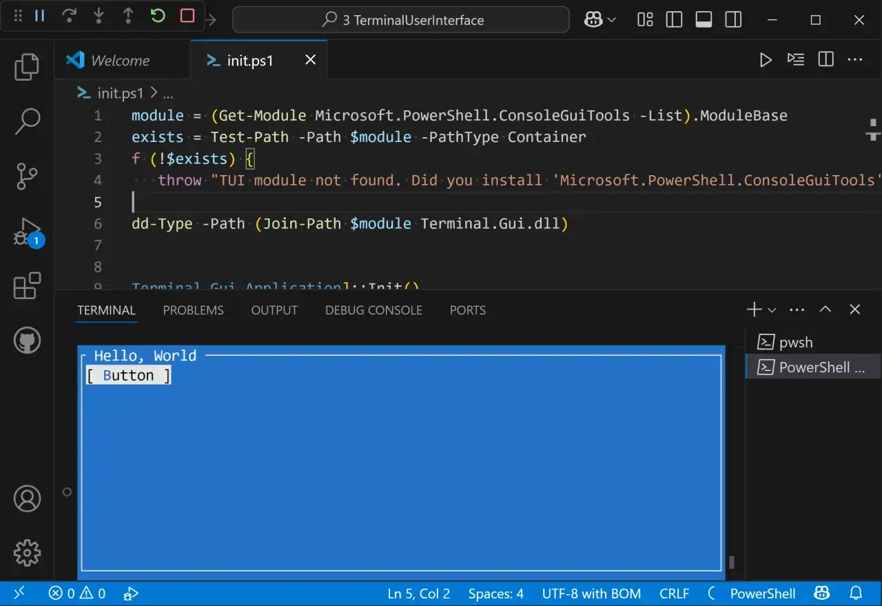 Kod kursu PowerShell w edytorze VS Code. Skrypt pr&oacute;buje załadować moduł, ale napotyka błąd.