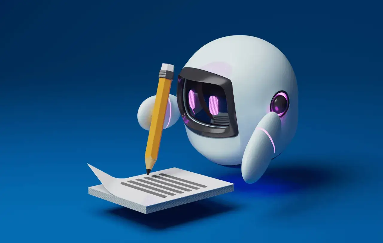 Uroczy robot pisze na kartce, symbolizując sztuczną inteligencję do pisania tekstów.