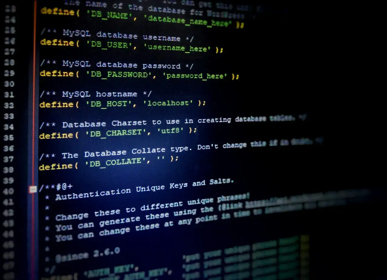 Kod PHP z definicjami połączenia z bazą danych MySQL. Widać tu m.in. nazwę bazy, użytkownika, hasło i host. To podstawa działania wielu aplikacji webowych, np. WordPressa. SQL co to? To język zapytań do baz danych.