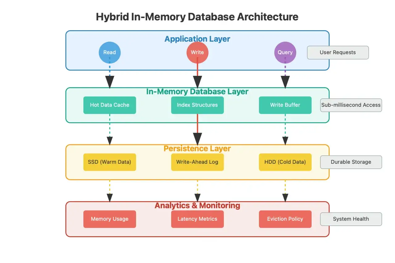 Architektura hybrydowej bazy danych in-memory: warstwy aplikacji, pamięci, trwałości i monitoringu. Dane są buforowane w pamięci, by zapewnić szybki dostęp.