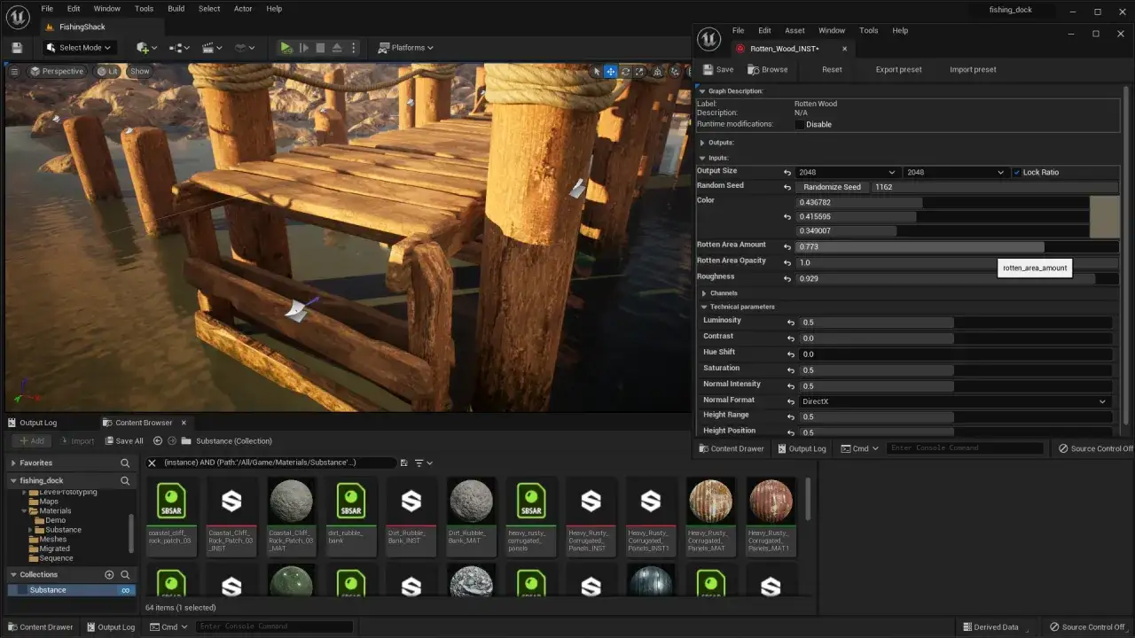 Unreal Engine co to? To zaawansowany silnik do tworzenia gier i wizualizacji 3D, widoczny na ekranie edytora z materiałami i podglądem drewnianego molo.