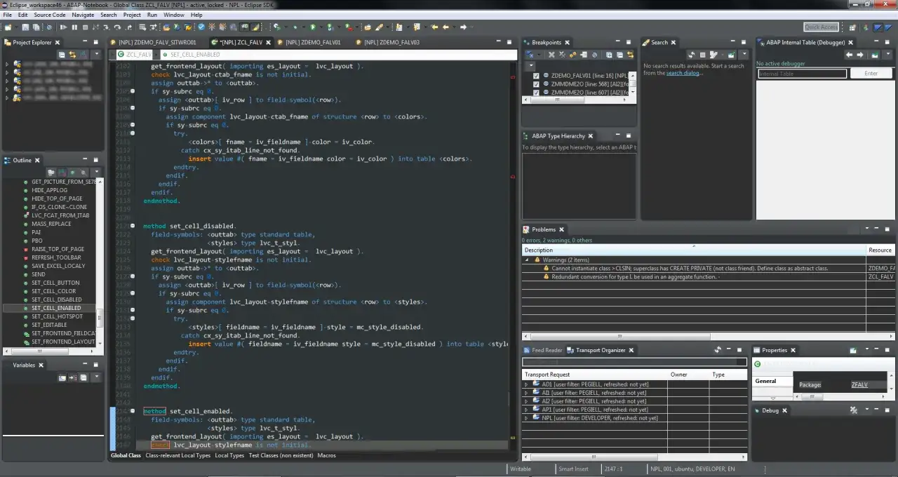 Kod ABAP SAP w edytorze Eclipse. Programista pracuje nad klasą ZCL_FALV, ustawiając style kom&oacute;rek.