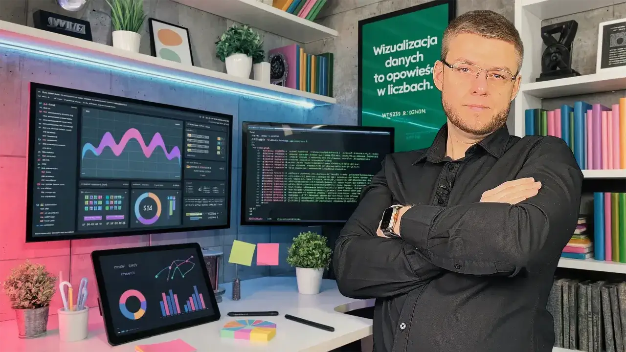 Mężczyzna w okularach stoi przy biurku z monitorami wyświetlającymi wykresy i kod. Widać na nich zastosowanie funkcji agregujących SQL do analizy danych.