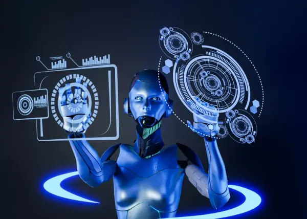 Robot z błyszczącym, niebieskim wykończeniem manipuluje interfejsami holograficznymi, symbolizując zaawansowane możliwości agi ai.