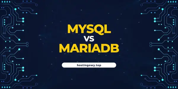 Porównanie baz danych: MySQL vs MariaDB. Grafika z elementami obwodów drukowanych i siecią.